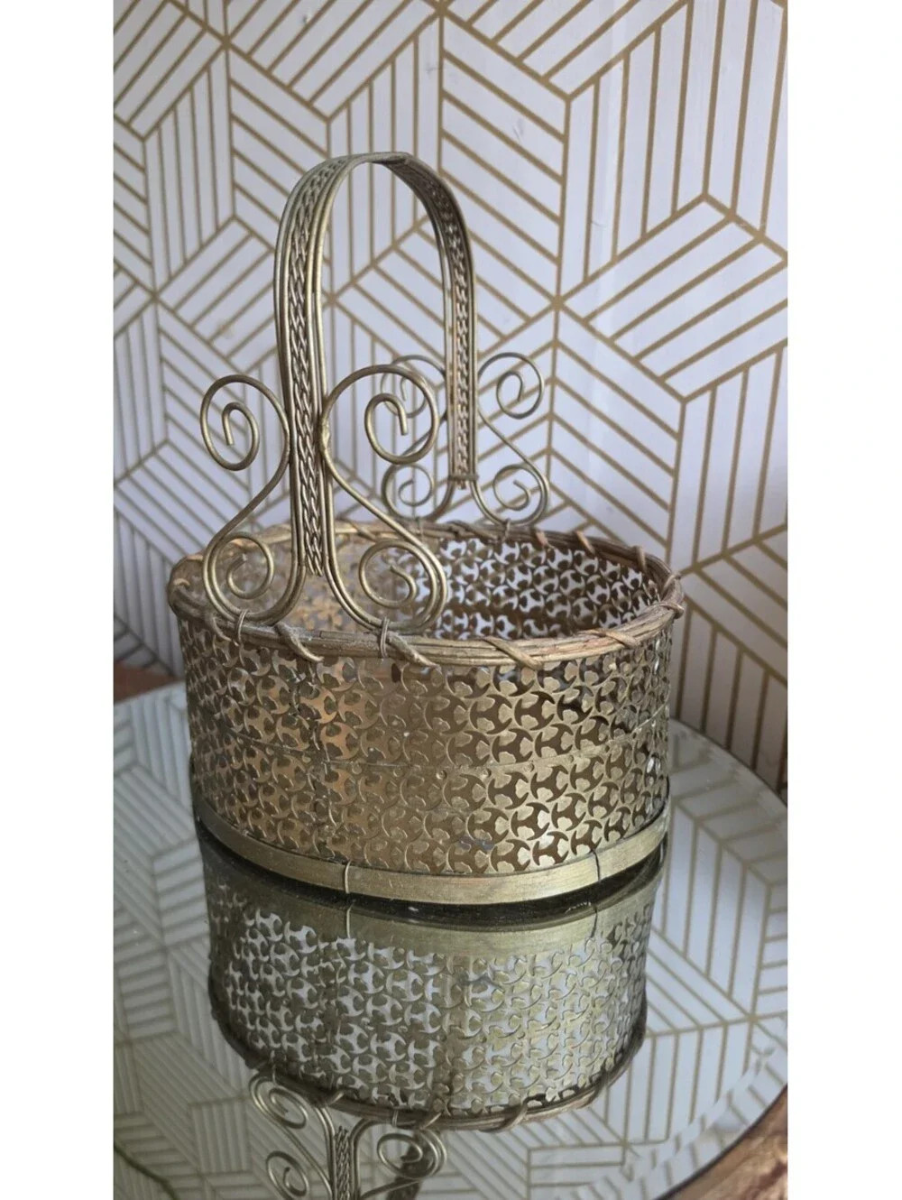 Vintage Perforated Gold Metal Scroll And Wood Basket